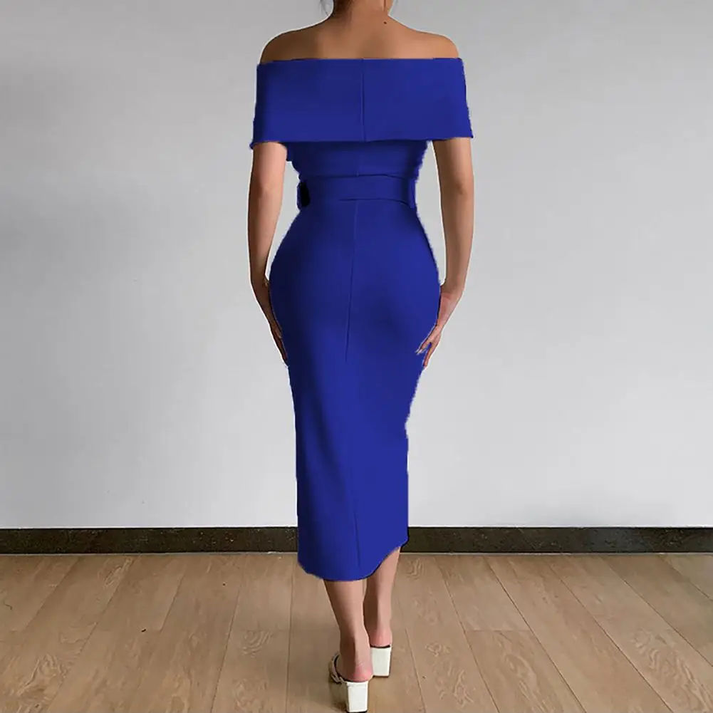 Evening Dress  Belt   Party Dress Front Split Hem Slim Fit Evening Midi Dress