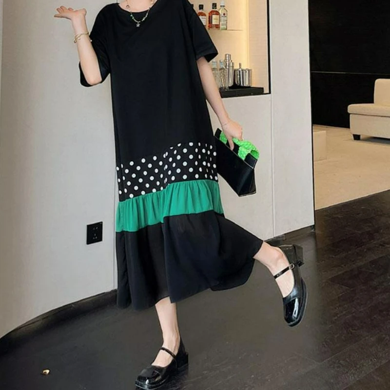 

Summer Plus Size Fashion Women Elegant Lady Long Dress Black Polka Dots Spliced Cotton Loose Clothing
