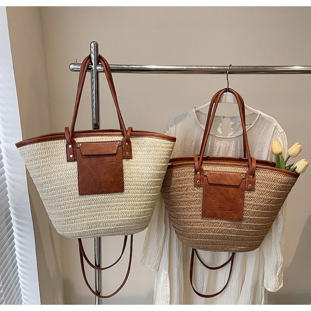 

Vintage Style Straw Baskets Bag Handmade Woven Rattan Material Woven Shoulder Bag Raffia Circle Large Capacity Beach Bag
