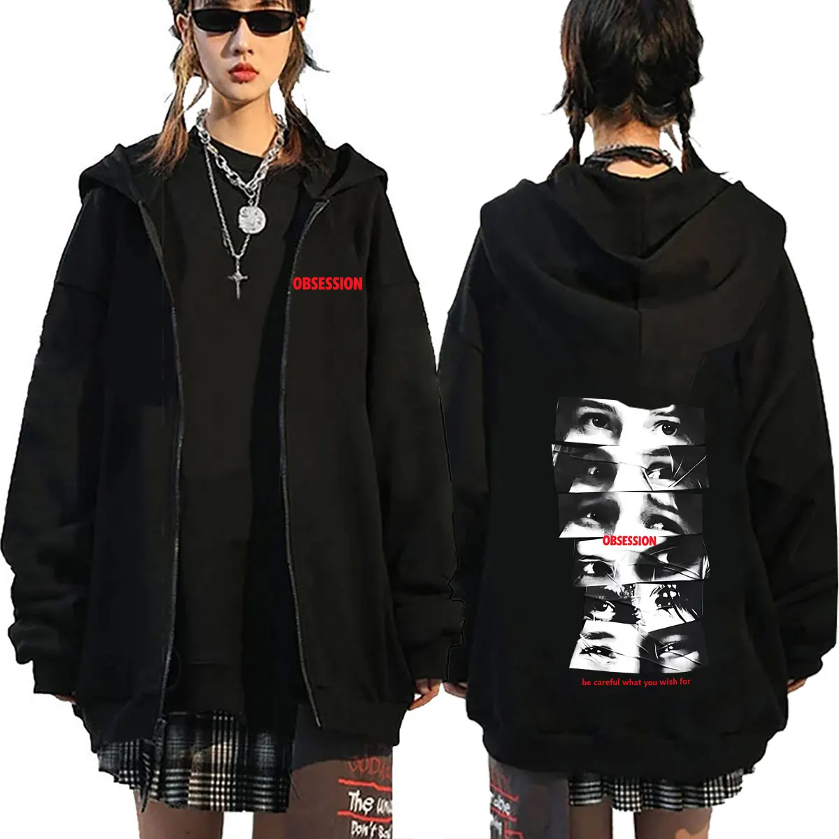 Sweat à capuche zippé graphique « Obsession des yeux de films d'horreur » pour hommes et femmes, style décontracté, coupe oversize, veste unisexe vintage