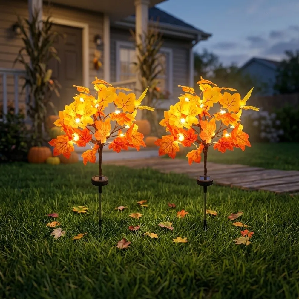 30Inch Solar Powered Maple Leaf Pumpkin Garden Lights IP44 Waterproof Outdoor Stake Lamp With Steady And Flashing Modes