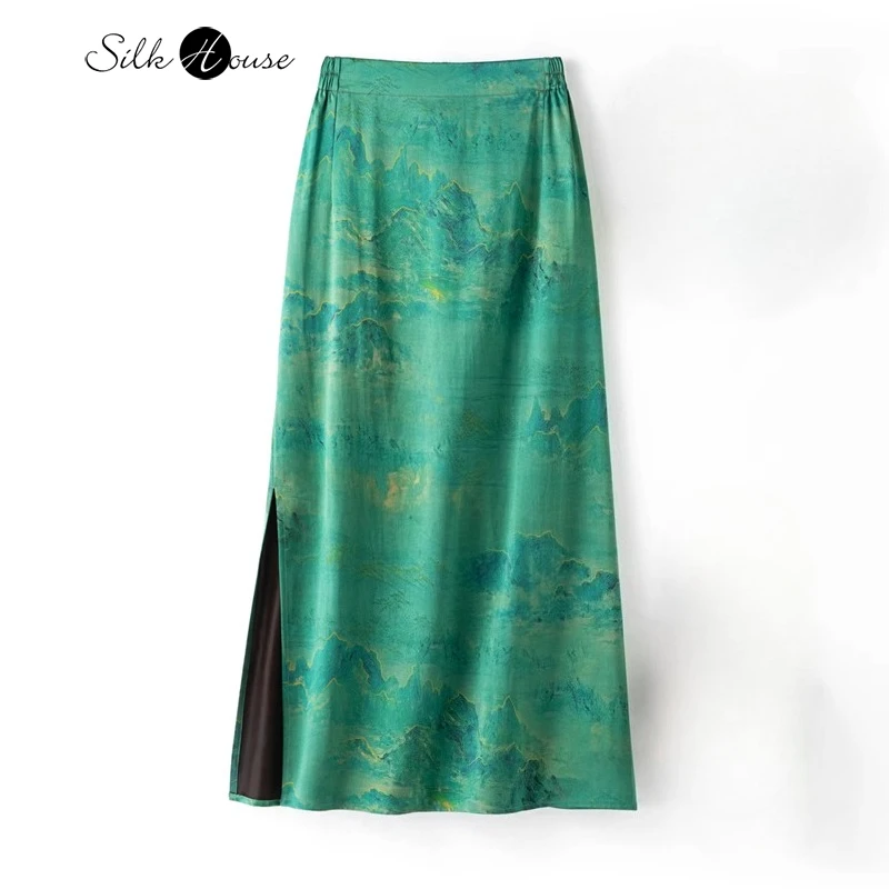 

45MM Heavy 100% Natural Mulberry Silk Gambiered Guangdong Gauze Green Thousand Mile River Split Women's Straight Legged Pants