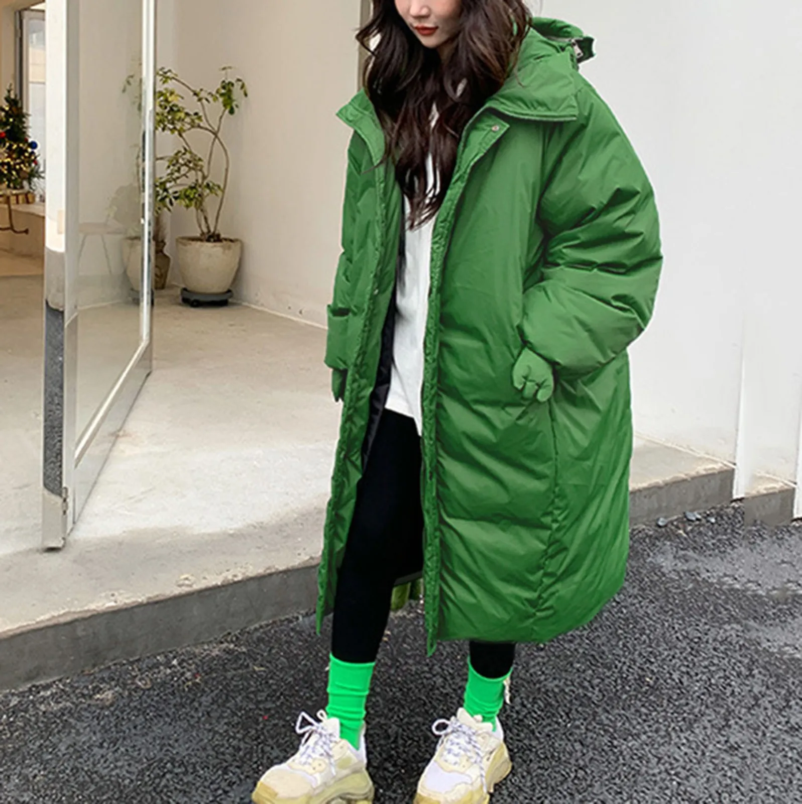 Cartoon Cute Down Jacket Women Autumn Winter Green Thick Quilted Jacket Coat Long Sleeve Hooded Long Parkas Female Outwear