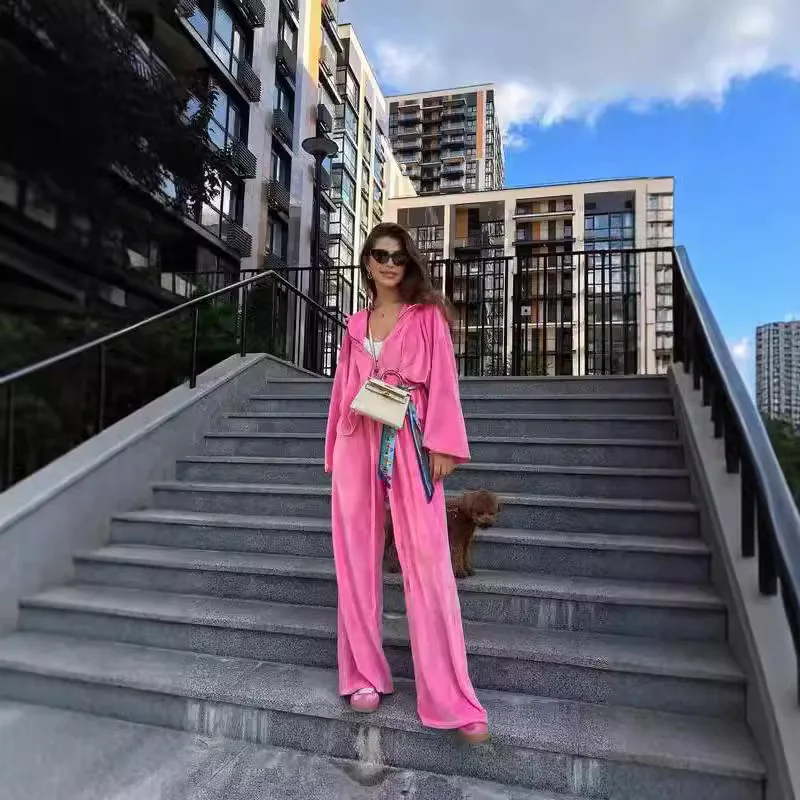 Fashionable Velvet Zipper Hooded Wide Leg Pants Set Women's Early Autumn Cross-Border Style Casual Sportswear Ensemble