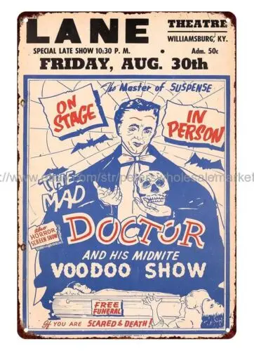 signs for sale 1960s The Mad Doctor and His Midnite Voodoo Show metal tin sign