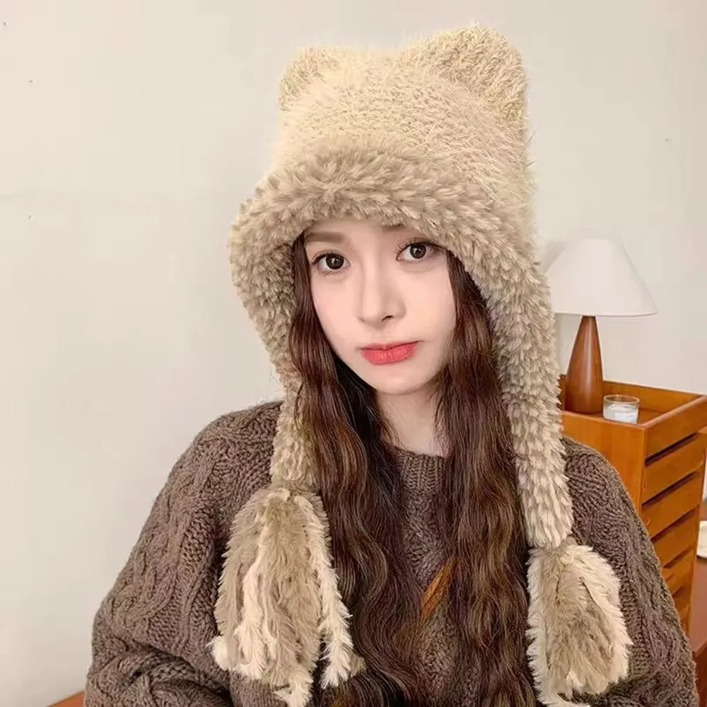 

Cute Edge Winter Hat Ear Protection Thermal Knitted Woolen Hat Warm Windproof Bucket Hat Winter