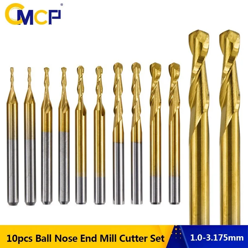 

CMCP 10pcs Ball Nose Router Bit 1/8''(3.175mm) Shank CNC Spiral Milling Cutter TiN Coated Carbide End Mill Woodworking Cutter