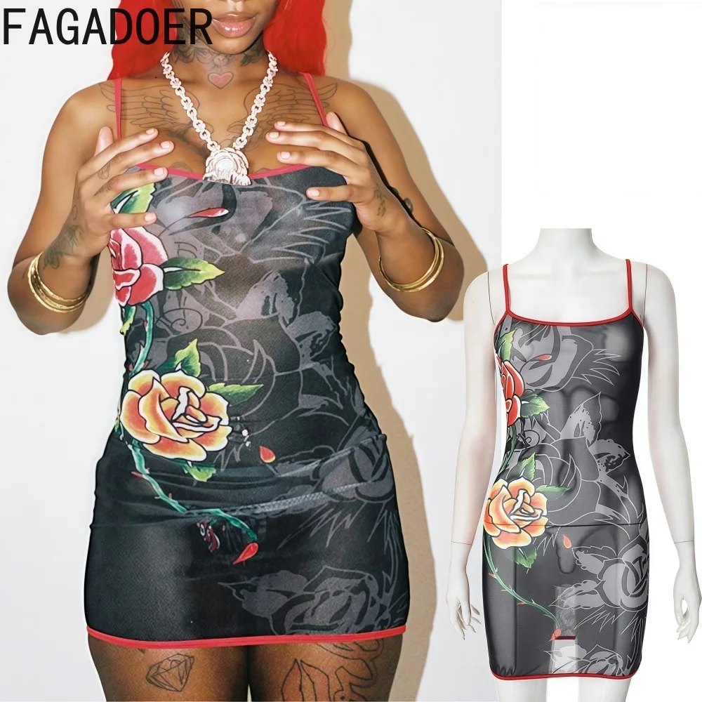 

FAGADOER Vintage Printing Mini Dresses Woman Spaghetti Strap Bodycon Dreeses Female Y2k Midnight Clubwear Vestidos 2025 New