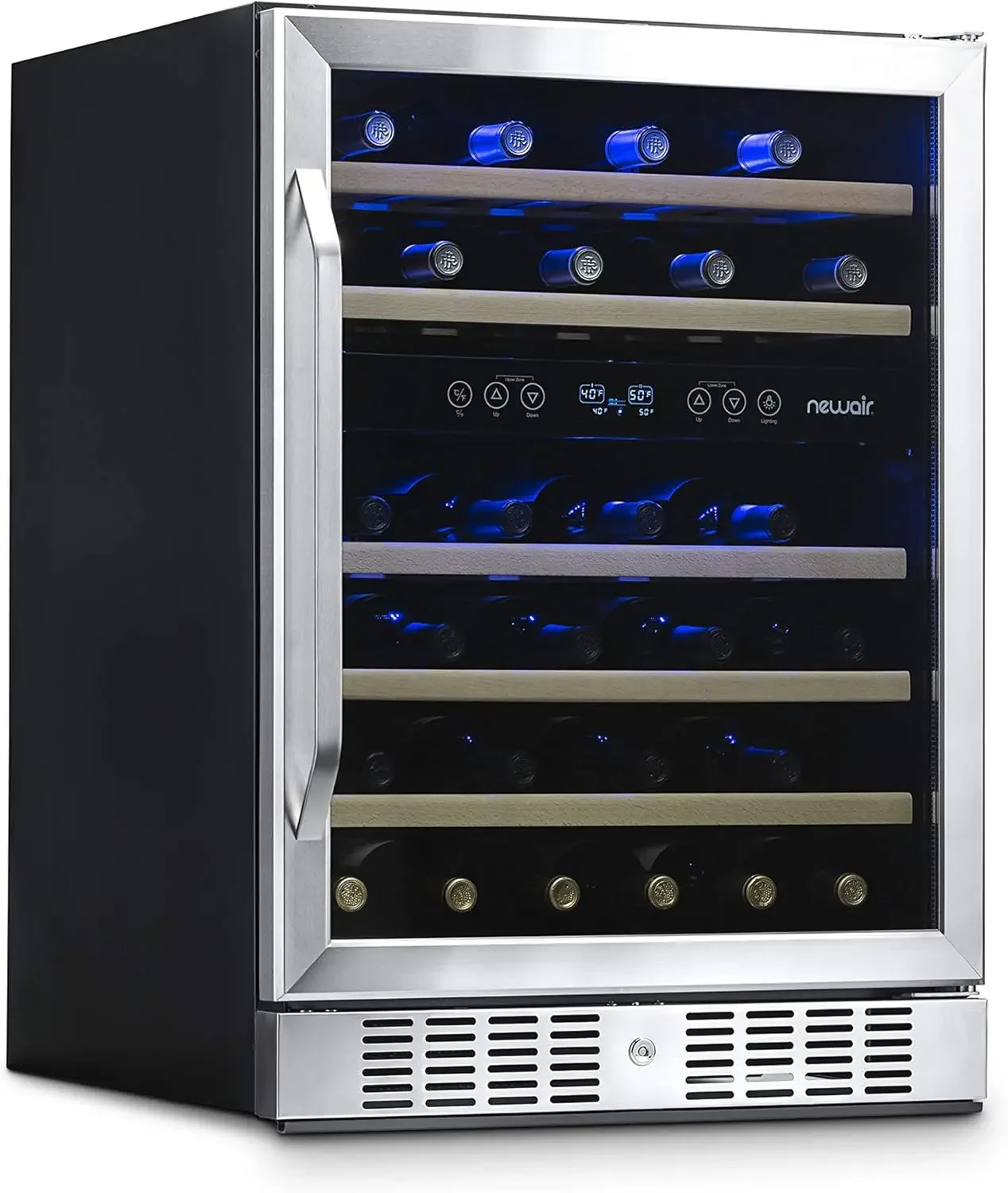 Refrigerador de vinho de 24", refrigerador de vinho de zona dupla de 46 garrafas, refrigerador de vinho pequeno embutido |   Mini geladeira de aço inoxidável com Rev