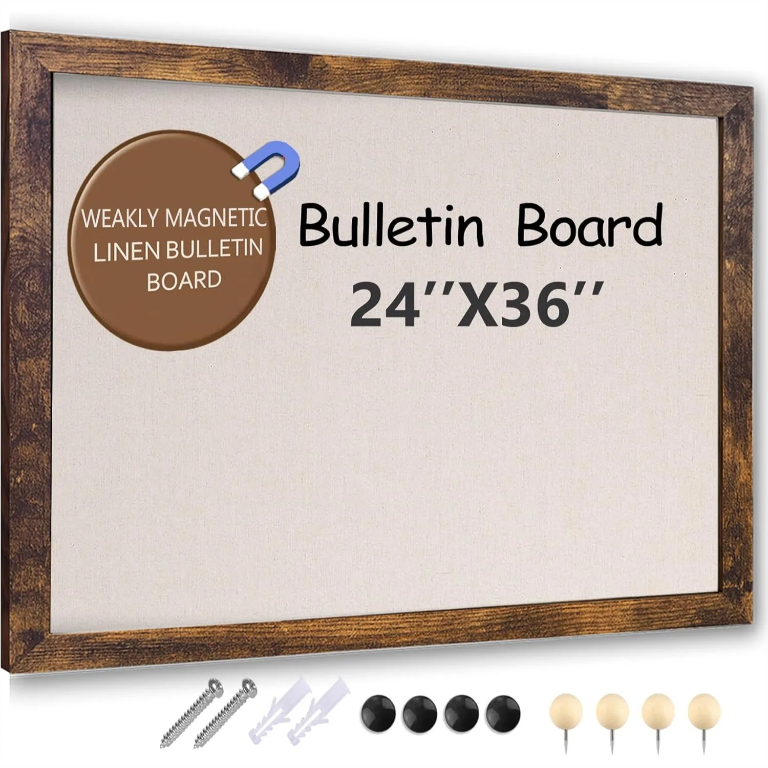 

Large Magnetic Bulletin Board 36x24 Inch for Wall, Rustic Cork Board with Linen Frame for Home Office School, Includes Push Pins
