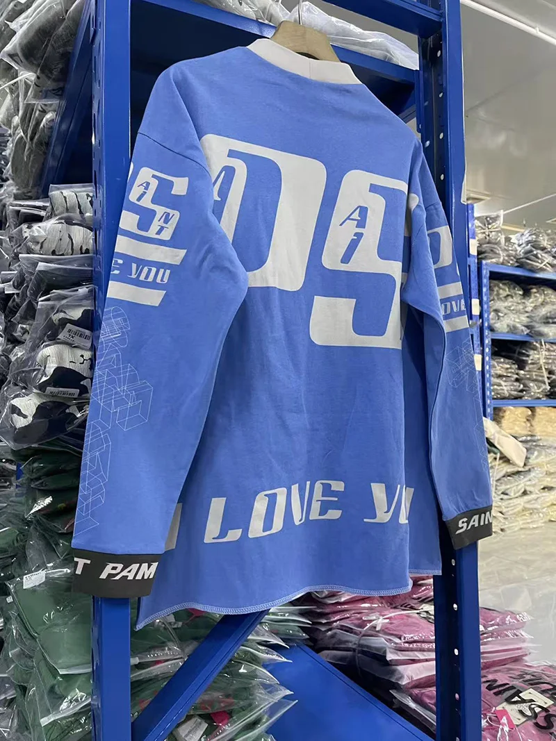 سباق نمط الأزرق سانت كم طويل تي شيرت الرجال امرأة خمر غسلها تفعل القديمة شارع العليا إلكتروني طباعة جولة الرقبة أعلى