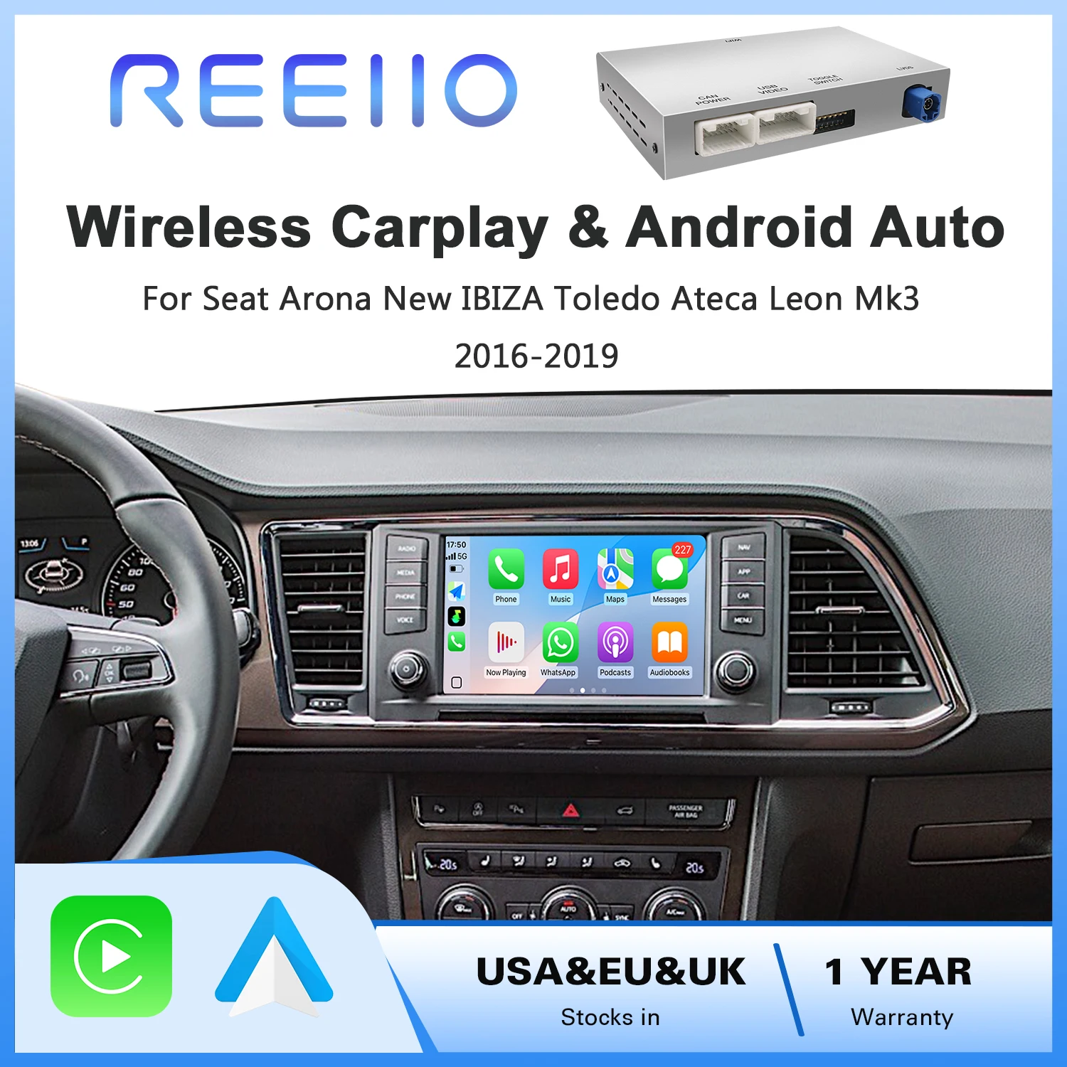 2025 Neues kabelloses Carplay Android Auto für Volkswagen Seat Leon Ateca Tarrac 2016-2019 Airplay Spiegelguss-Stützkamera