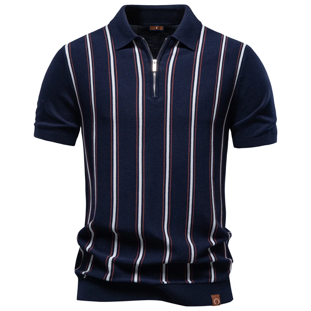 

New men's short-sleeved striped knitted polo shirt, with zipper and collar, pullover style, breathable and casual summer fashion