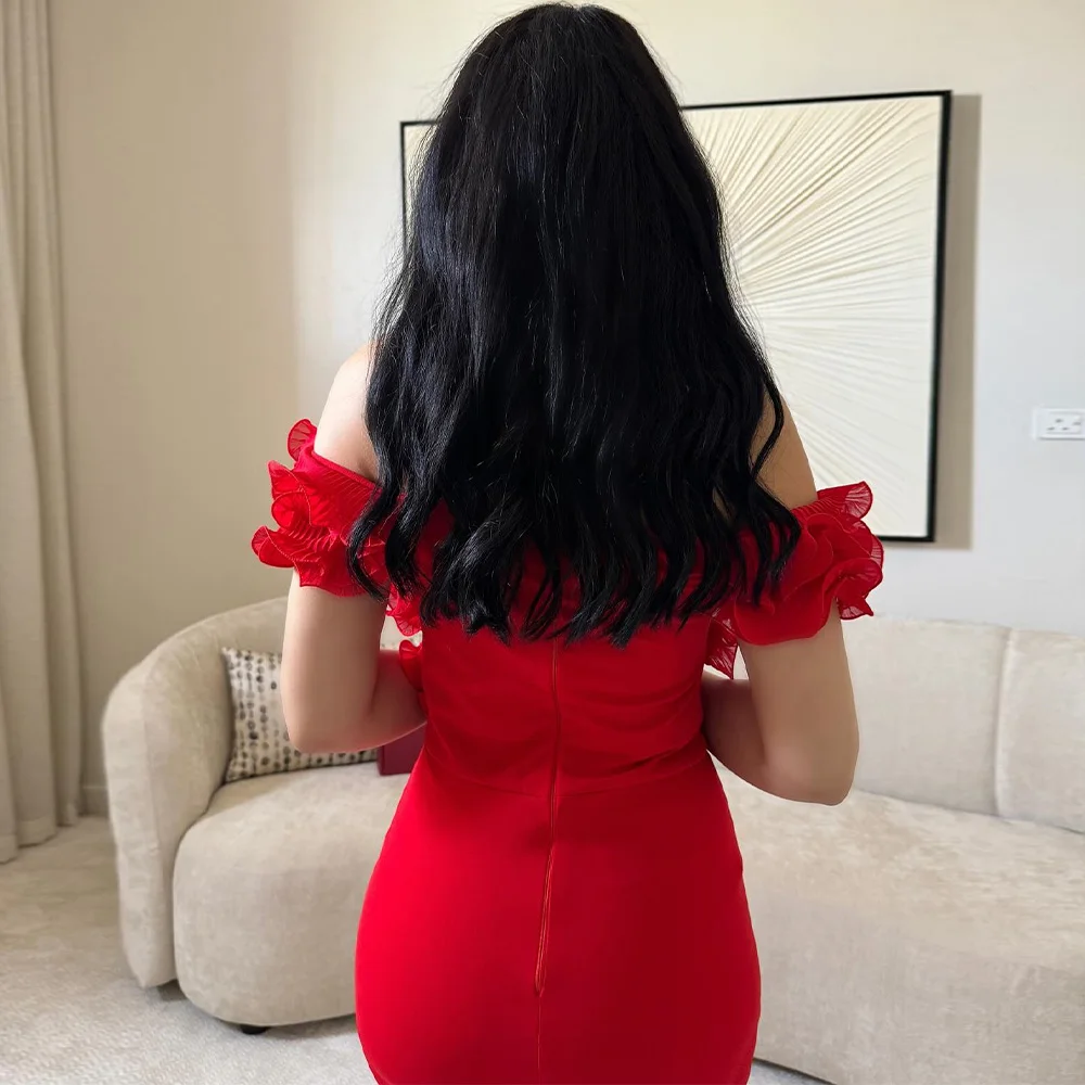 Modern Side Slit Ankle Length Ruffles Pleats Evening Dresses Temperament Straight Off the Shoulder Short Sleeves Party Gowns