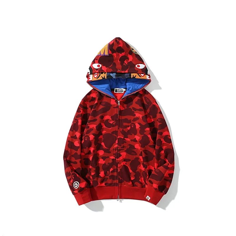 New AAPE BY A BATHING APE 100% Cotton Trendy Shark Zippered Hoodie for Men Fine Embroidery Loose Fitting Pure Cotton Hooded