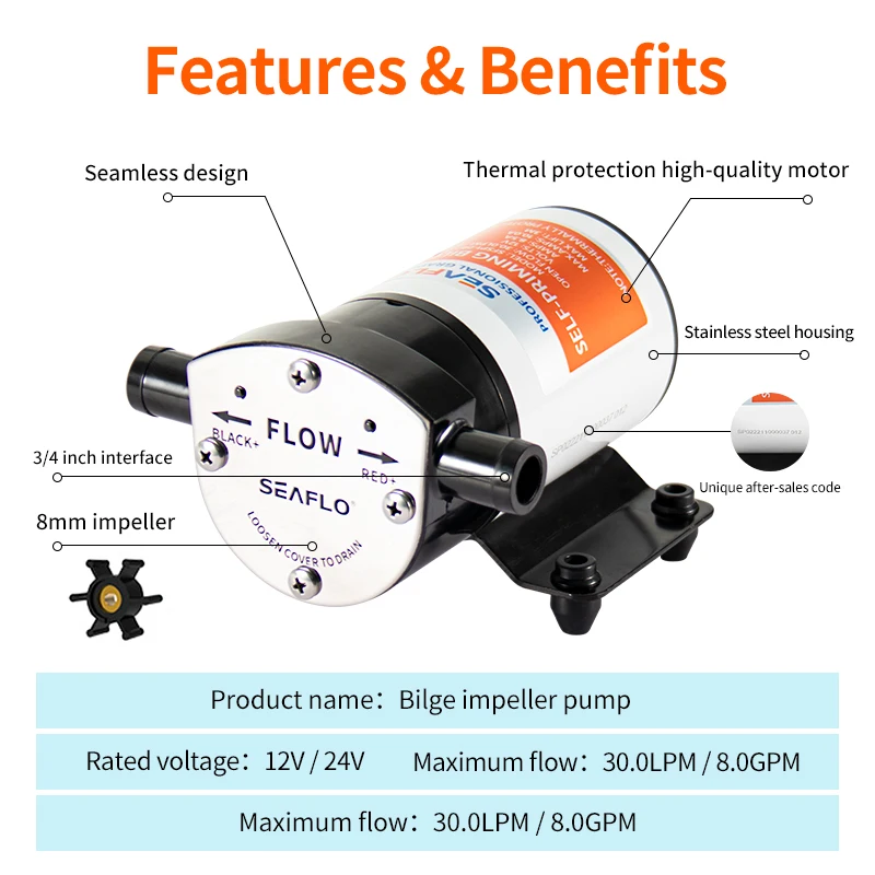 Motor boat bilge pump 12V automatic drainage pump large flow yacht centrifugal impeller self-priming pump