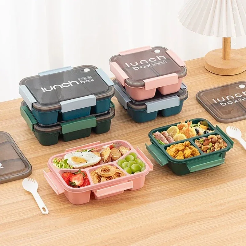 New Plastic Compartmented Lunch Box Microwave Safe Bento Box with Cutlery Food Storage for Student Worker Tableware 800/1100ml L