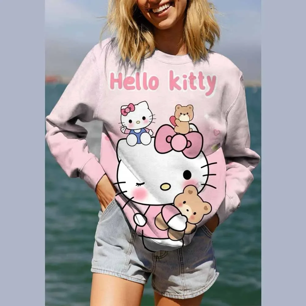 في الهواء الطلق الخريف الشتاء مريحة السترة عارضة أزياء مريحة مرحبا كيتي طباعة المرأة السترة قمم