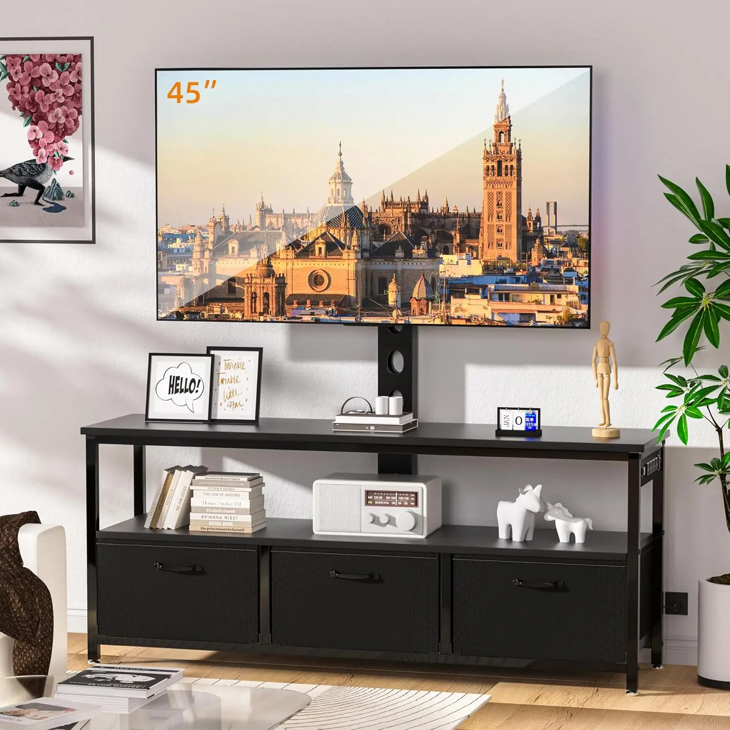 TV Stand with Mount and Power Outlet, Swivel TV Stands Mount with LED Lights for 32/45/55/60/65 inch TVs, Tall Entertainment