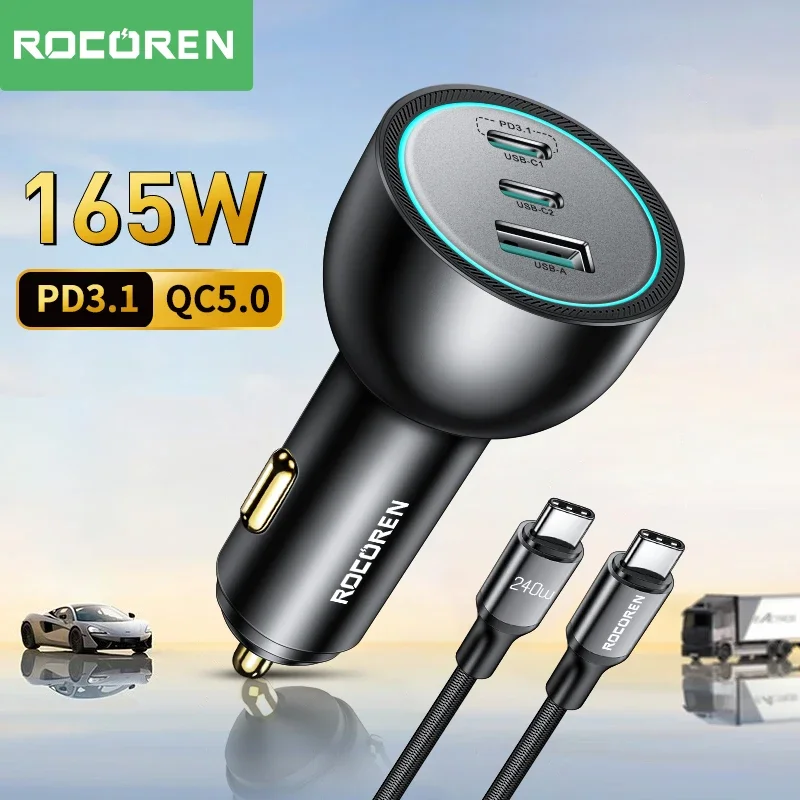 

Rocoren 165W Car Charger PD 3.1 140W Fast Charge QC 5.0 USB Type C Car Phone Charger Quick Charging For MacBook iPhone Samsung