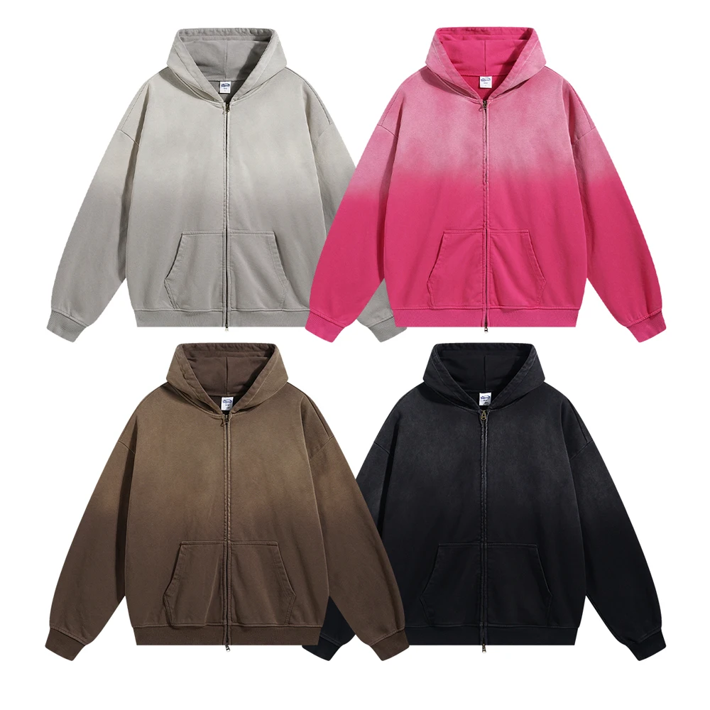 High Quality Spray-dyed Old Zipper Sweater Hoodies Streetwear