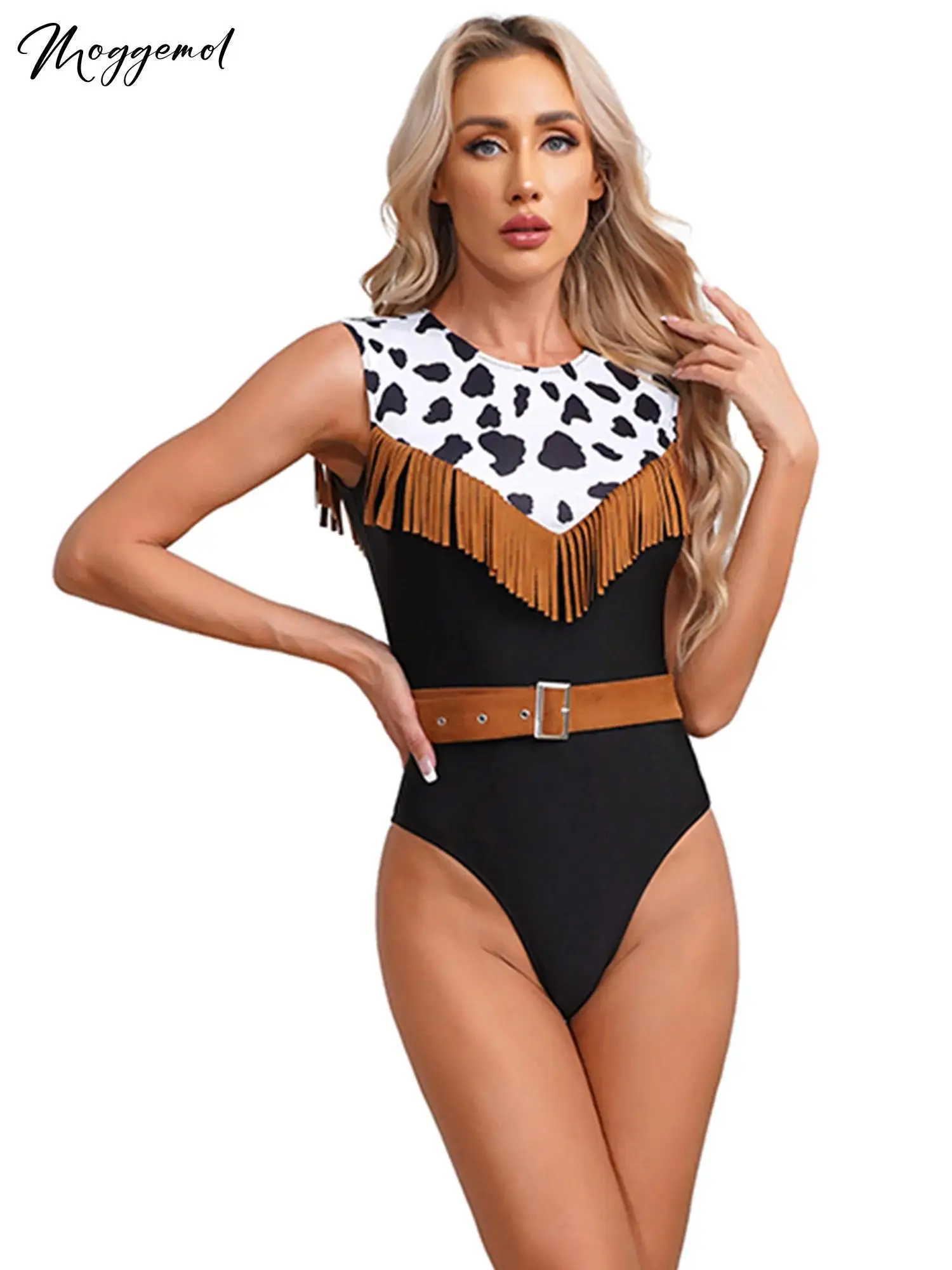 

Women Prairie Pioneer Cowgirl Bodysuit with Suede Waist Belt Halloween Party Cowboy Costume Cosplay For Adult Nightclub Jumpsuit