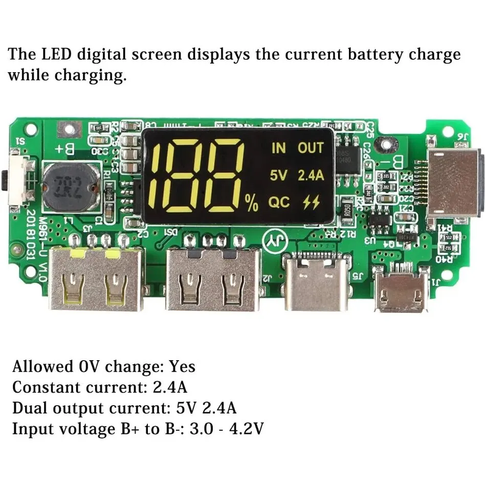 2Pcs 18650 Lithium Battery Charger 5V 2.4A Dual USB Circuit Board Digital LCD Display Module with Overcharge Overdischarge Short