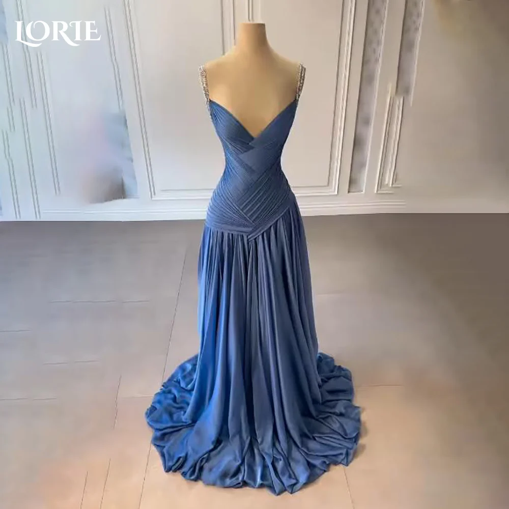 LORIE Crepe Mermaid Evening Dress Sexy V Neck Straps Backless Floor Length Prom Dress A-Line Shiny Pleats Party Gown Customized