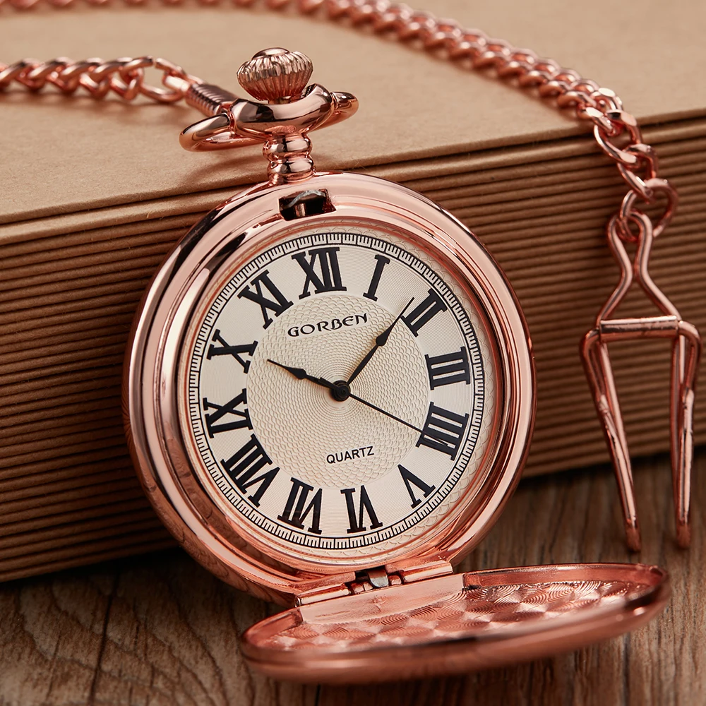 Vintage Rose Gold Smooth Quartz Pocket Watch Men Women Steampunk Pendant Fob Chain Roman Pocket Watch Men Clock Male