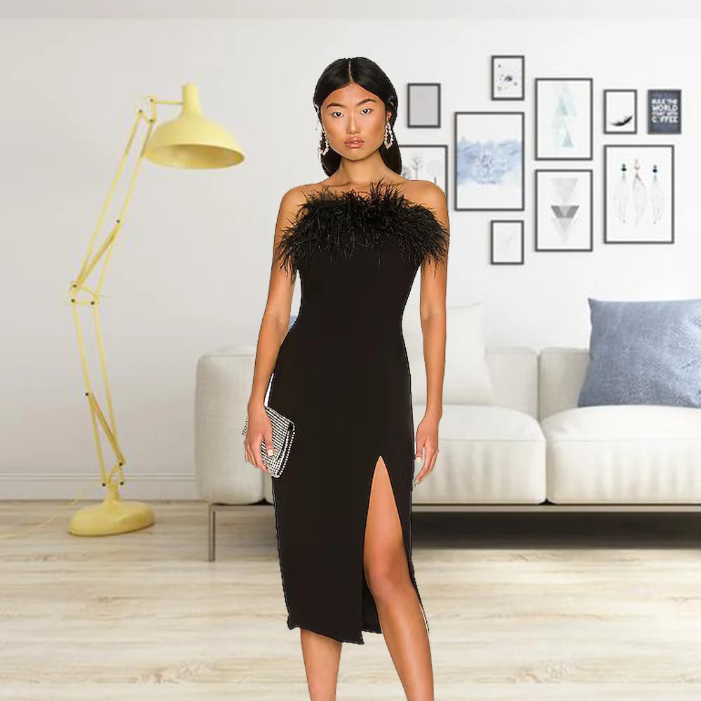 

WillBeNice 2023 women Elegant strap Feathers mid-length Sexy Bandage Dress Bodycon Woman black sleeveless Party Vestidos