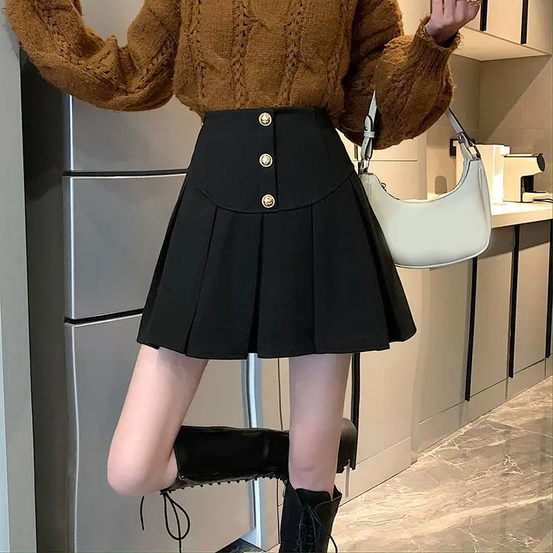 

Woolen Skirt Thickened Single-Breasted Autumn And Winter Women'S New Solid Color A-Line Fake Pocket Versatile Pleated Skirt