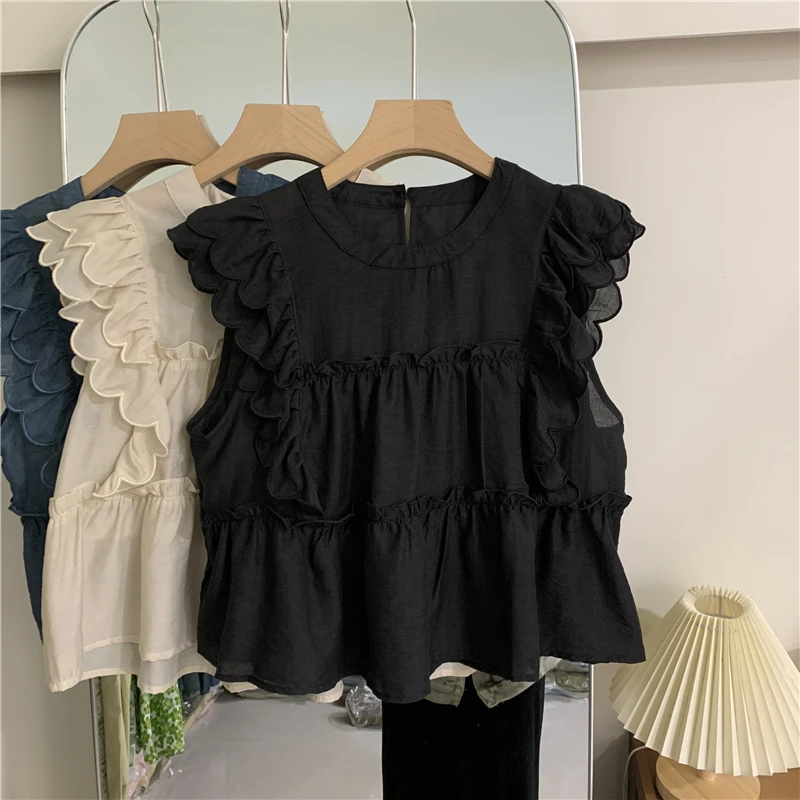 Korean Sweet Ruffles Blouse Women Summer O Neck Flying Sleeve Shirt Vintage Elegant Cute Tops