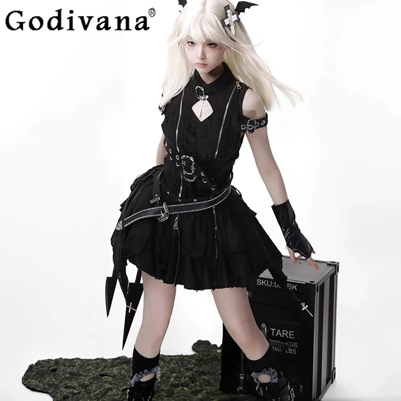 오리지널 정품 로리타 고스 드레스 세트 여성 할로윈 하위 문화 레트로 펑크 드레스 여성 쿨 로리타 파티 드레스 정장