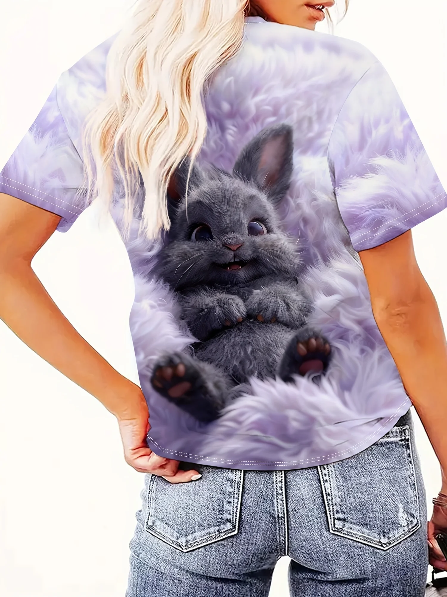 Women Crew Neck Short Sleeve T‑shirt Cute Grey Bunny 3D Effect Animal Print Purple Fluffy Background Summer Casual Top