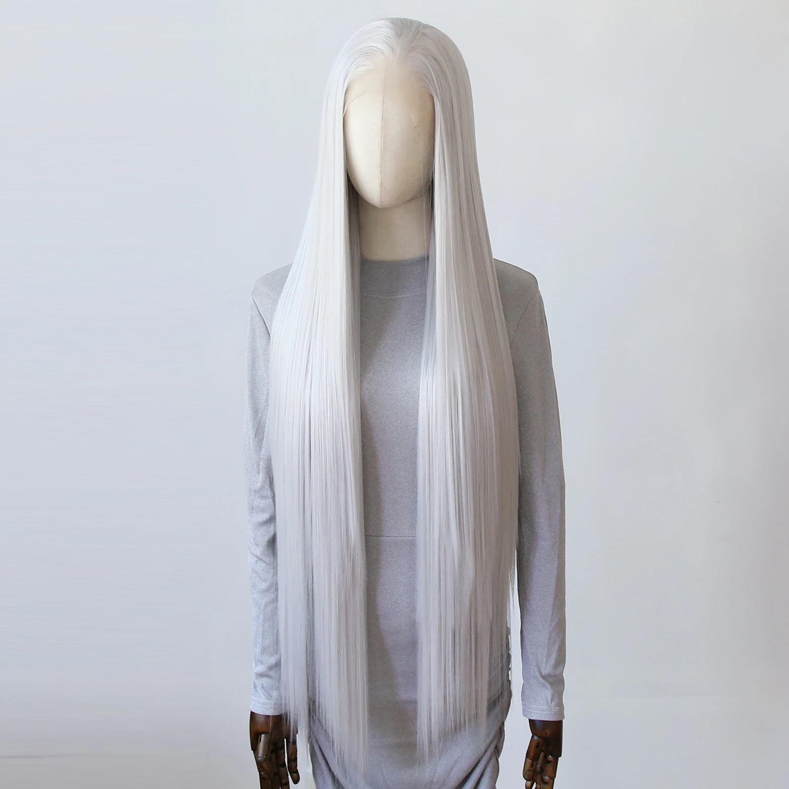 

Серебристо-белый синтетический парик спереди, длинный прямой парик 40 дюймов, светло-серый синтетический парик спереди, предварительно выщипанные натуральные волосы