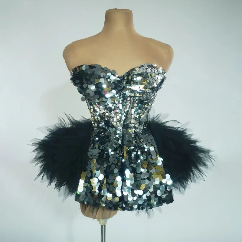 Sexy Sequins Backless Strapping Party Dress Women Evening Dresses Gogo Costumes Dj Ds Festival Clubwear Drag Queen Outfit XS8071