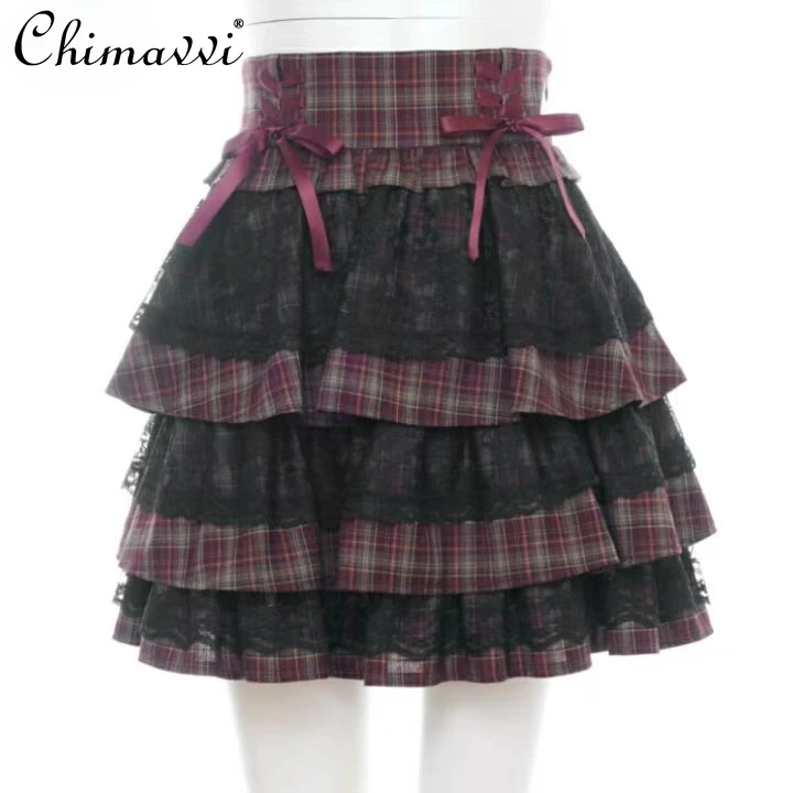 

Japanese SC Harajuku Womens Short Skirt 2025 Autumn New Sweet Girl Lolita Layered Lace Ruffle Bow Tie Elegant Mini Cake Skirt