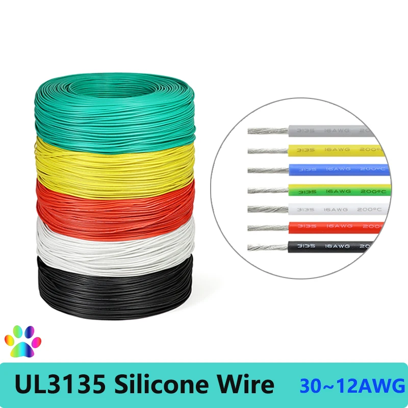 Fil d'isolation en silicone et cuivre étamé, câble de degré de chaleur haute température, corde 3135, 30 AWG, 28 AWG, 26 AWG, 24 AWG, 22 AWG, 20 AWG, 18 AWG, 16 AWG, 14 AWG, 12AWG, 2AWG, 5 M, 10M