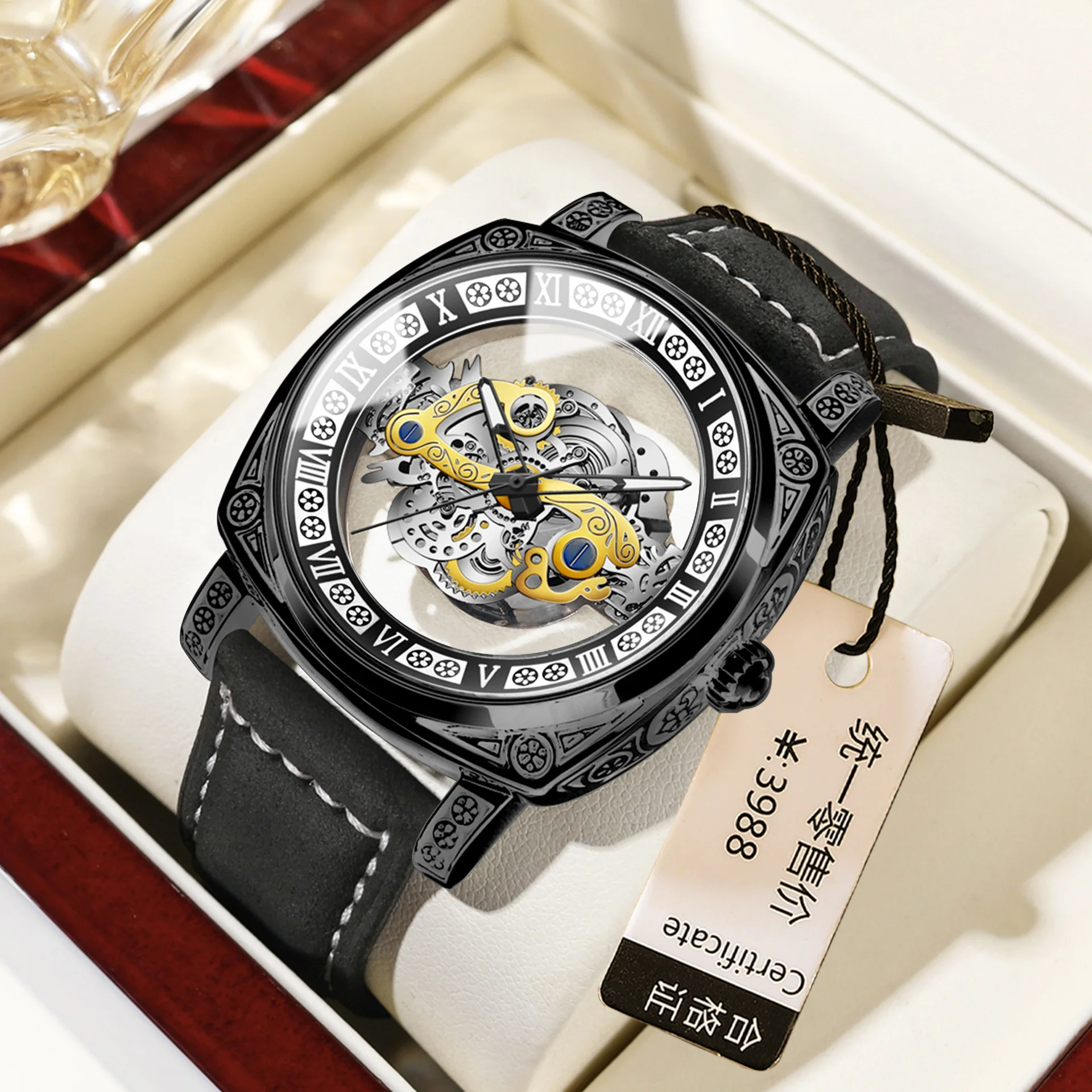 Men Watch Sports Retro Carved Genuine Leather Stainless Steel Tourbillon Waterproof Hollow Out Male Fashion Quartz Watches Gift