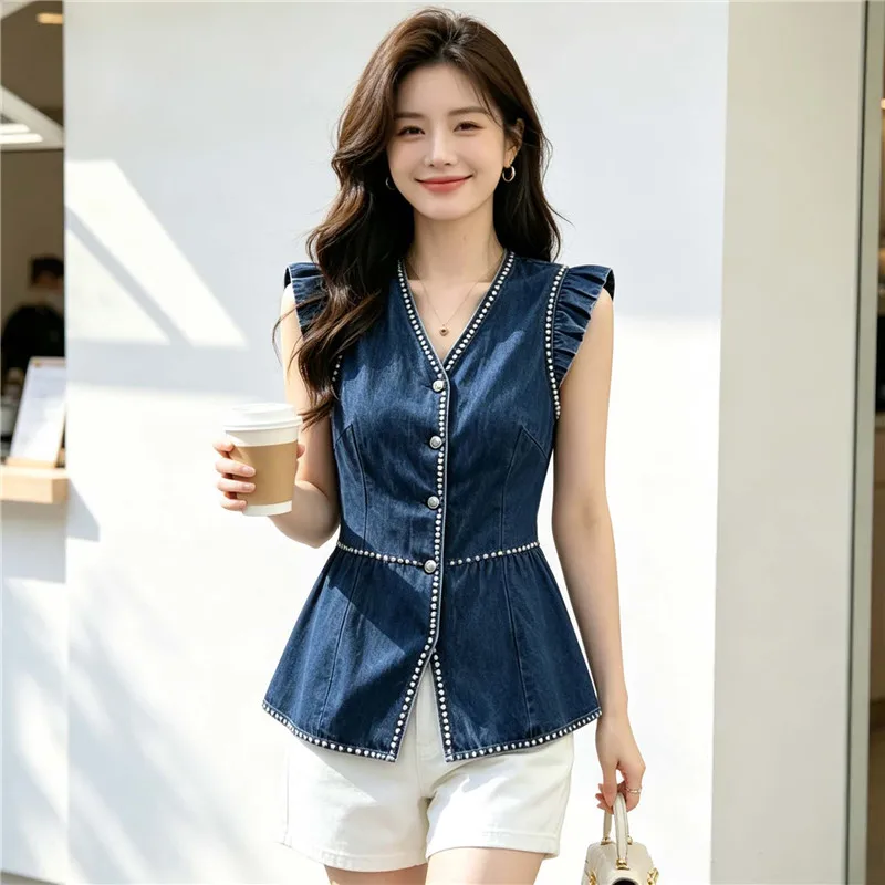 Pearl Beaded Ruffles Flying Sleeve Slim Thin Short Denim Vest Women V-Neck Sleeveless Jeans Waistcoat Light Blue Dark Blue Black