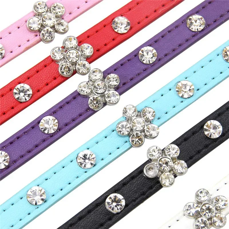 Bling Rhinestone Puppy Cat Collars Adjustable Leather Flower Kitten Collar for Small Medium Dogs Cats Chihuahua