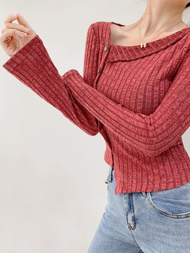كنزة صوفية محبوكة بأكمام طويلة للفتيات ، تصميم برقبة ضيقة للنساء ، زر قصير غير منتظم ، جديد ، خريف ، F060