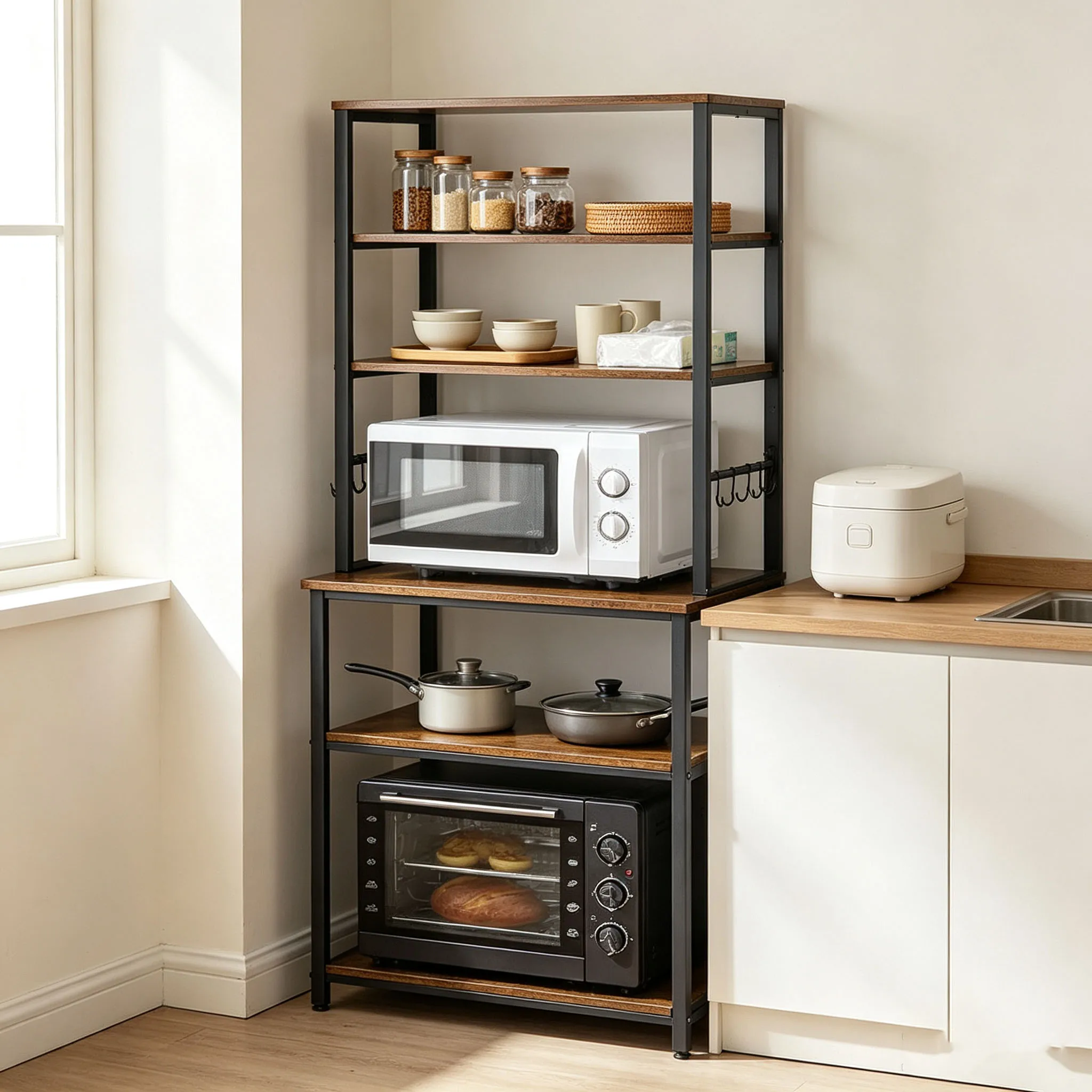 Kitchen Bakers Rack Storage 6 Tier Organization with 6 Hooks Microwave Stand Coffee Bar Station for Kitchen Pantry Dining Room