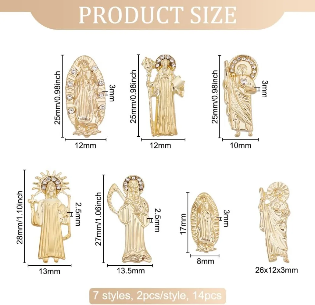 14pcs 7 Style Virgin Mary Nail Art Charms Gold Alloy Studs Gold 3D Decorations Religious Theme