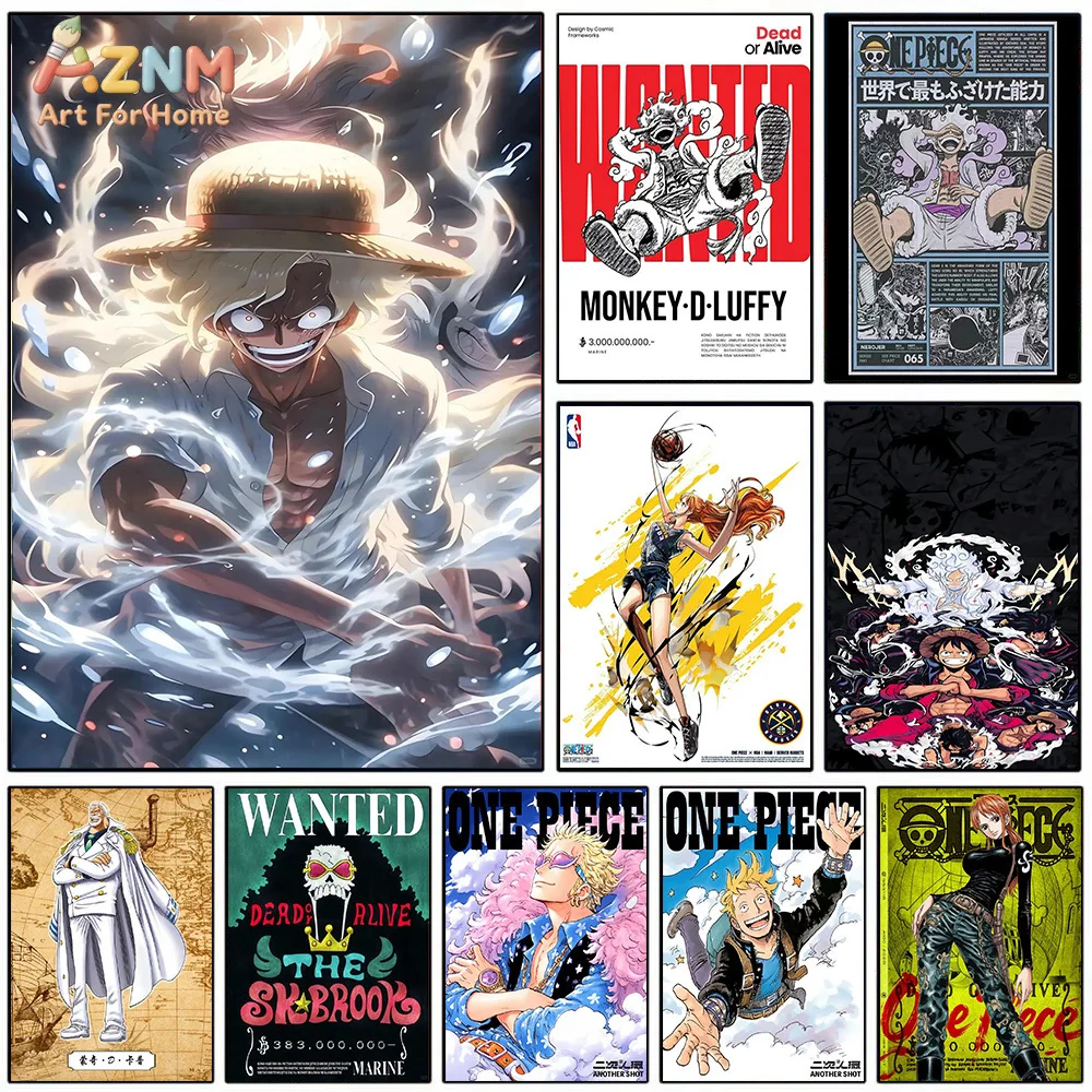 AZNM One Piece Gear 5 Nika Luffy Wanted Poster Canvas Wall Art Nami Marco Brook Anime Print Unframed Canvas Painting For Home Wa