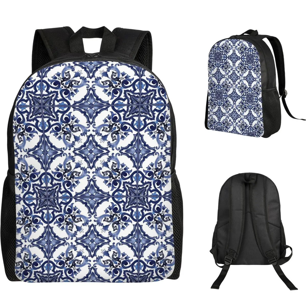 

Blue Ornate Floral Mediterranean Sicilian Tile Student Backpack School Bag Hiking Travel Daypack Fashion Bookbag Shoulder Bags