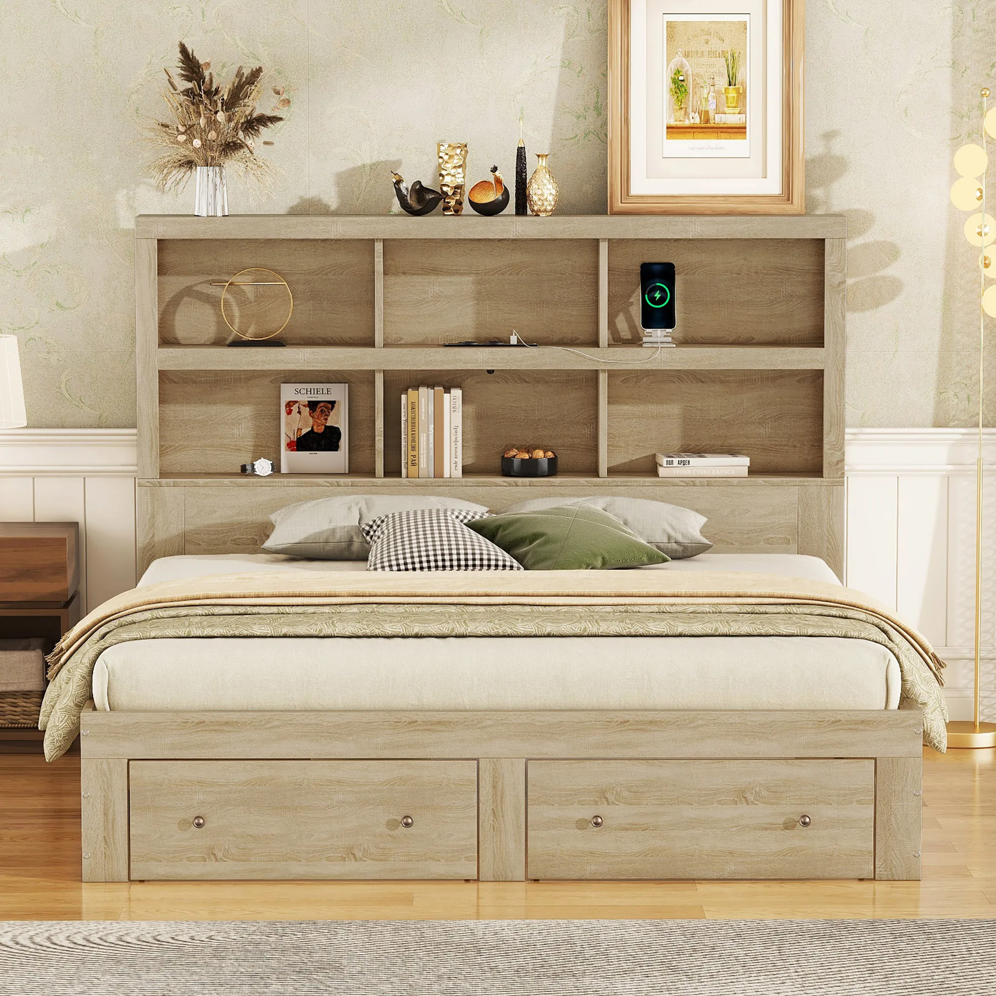 VSOGA 160*200cm Double Bed, Solid Wood, King-size Platform With Two Drawers At The Foot Of The , Headboard With Storage Space,