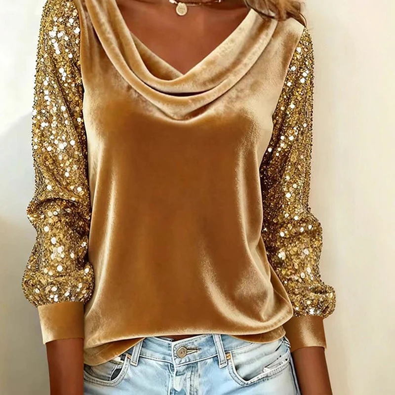 

Elegant Velvet Long Sleeve Shirts For Women Autumn Winter Solid Color Loose Women Blouses Fashion Pullover Tops Party Clothes