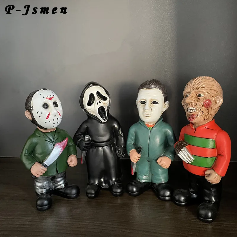 

P-Jsmen Horror Movie Garden Gnomes Decoration Outdoor Statue Nightmare Jason Michael Myers Figurines Halloween Lawn Decor