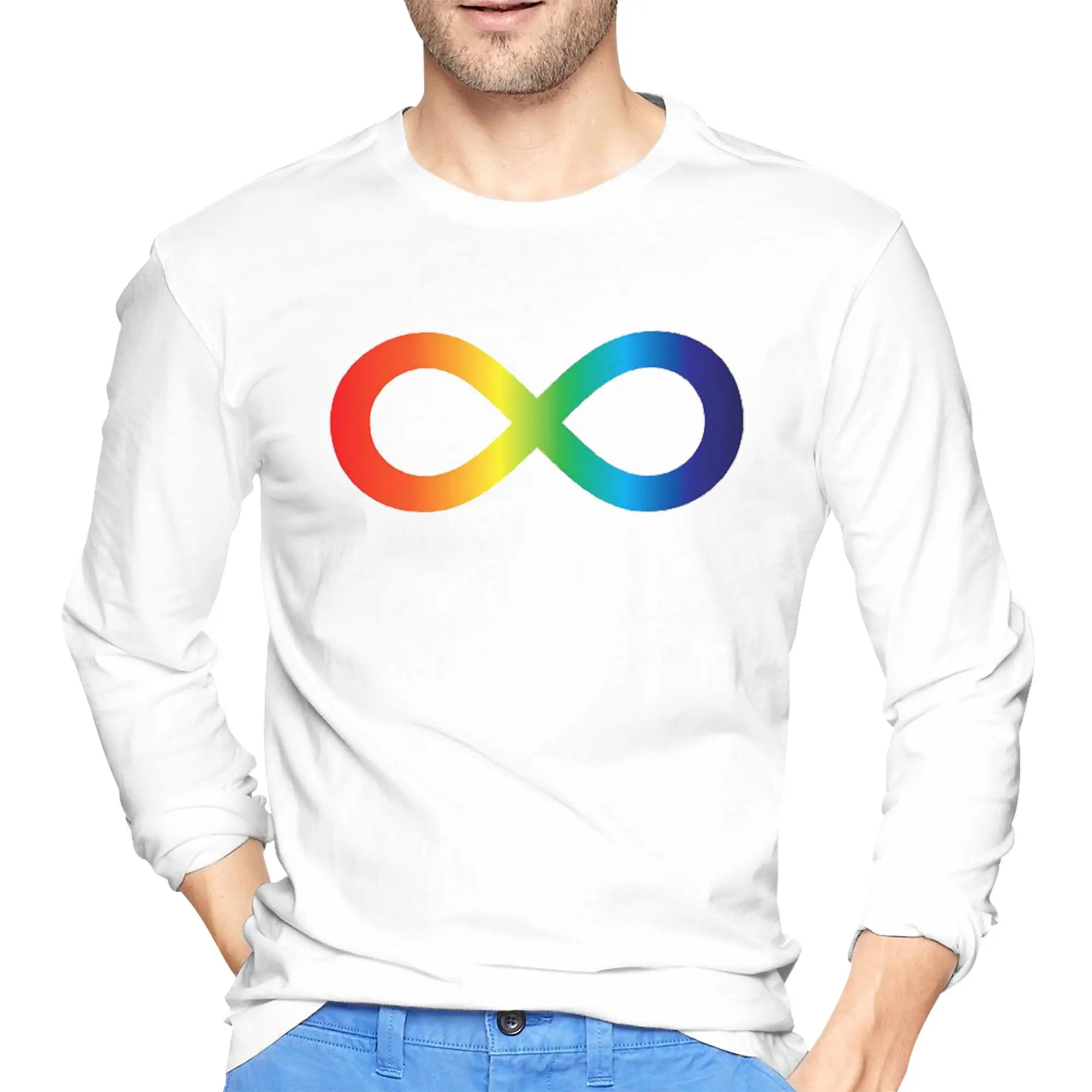 

Rainbow Infinity Symbol Autism Acceptance Embrace Neurodiversity Awareness Men's Long Sleeved T-shirt Round Neck T shirts Tops